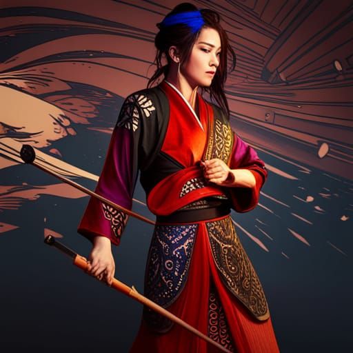 Samurai Woman Portrait in Art Nouveau Style