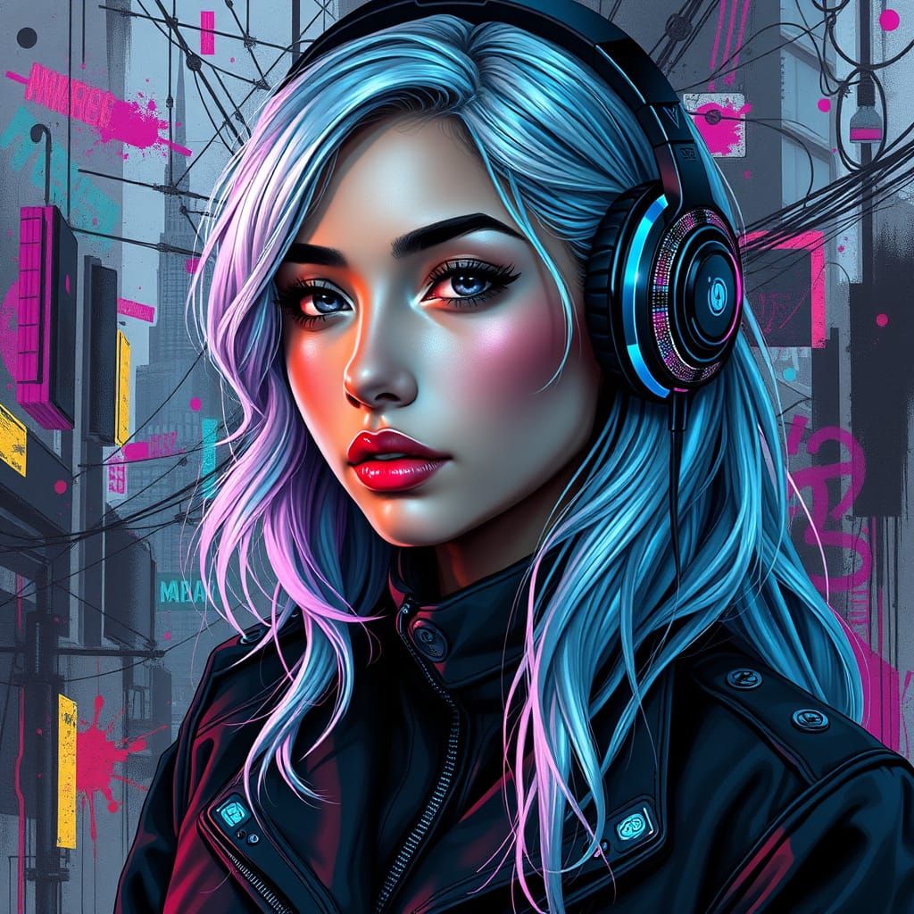 Cybernetic Surrealist Goddess with Neon Reflections and Abst...