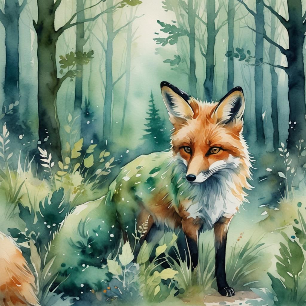 Emerald Fox in Misty Forest: Watercolor Illustration
