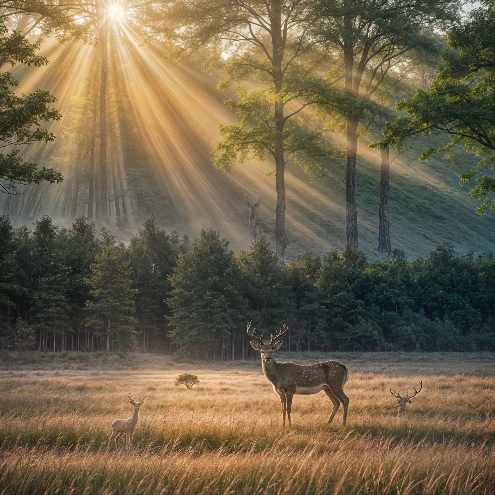 Majestic Deer in Misty Sunrise Meadow