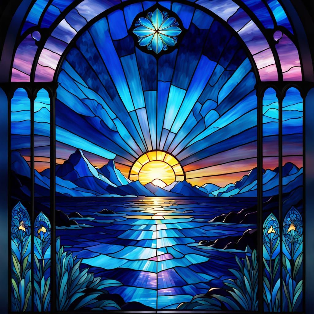 Vibrant Blue Stained Glass Sunset Masterpiece