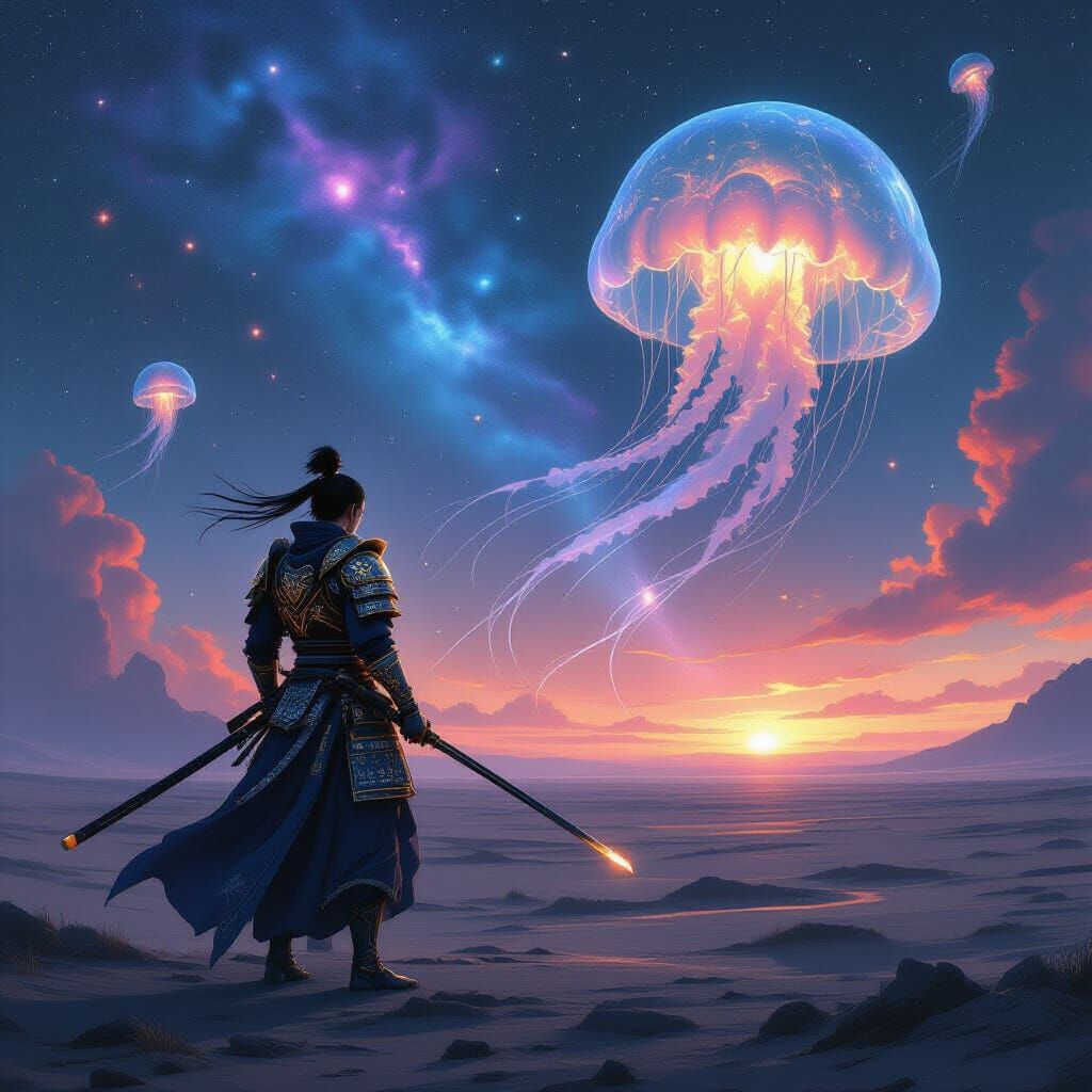 Samurai Warrior on Desolate Plain with Cosmic Jellyfish