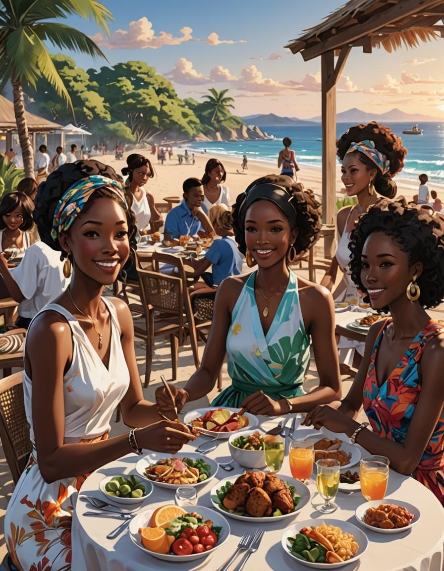 Stylish Women's Beach Dinner in Anime Style