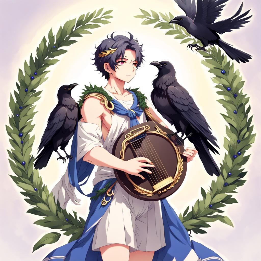 Apollo with Lyre and Raven in Anime Style