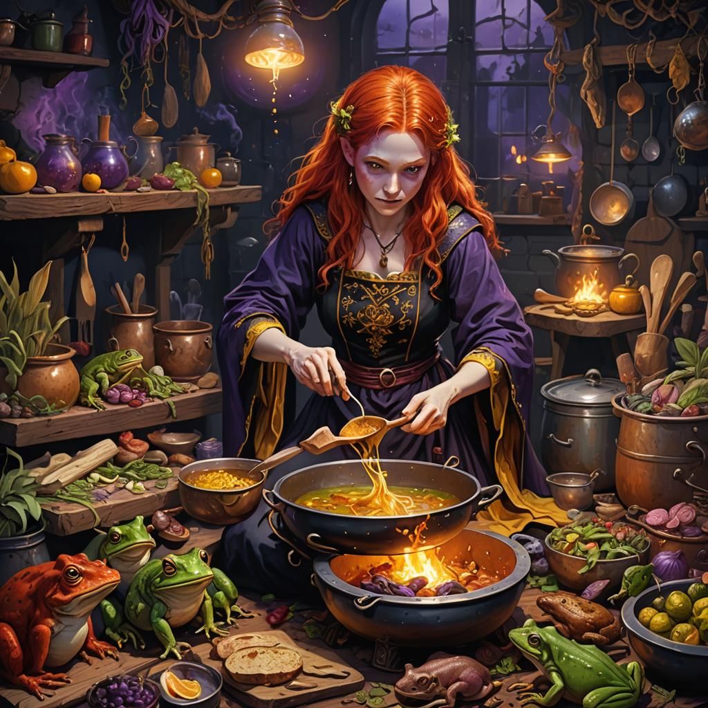 Red-Haired Witch Brews Potion in Dark Fantasy Art