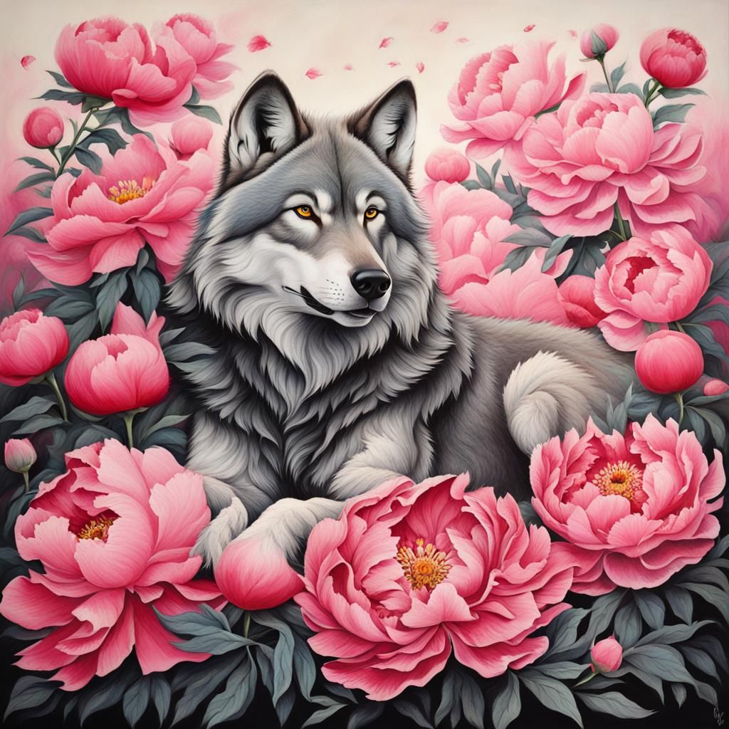 Wolf Resting on Peony Bed