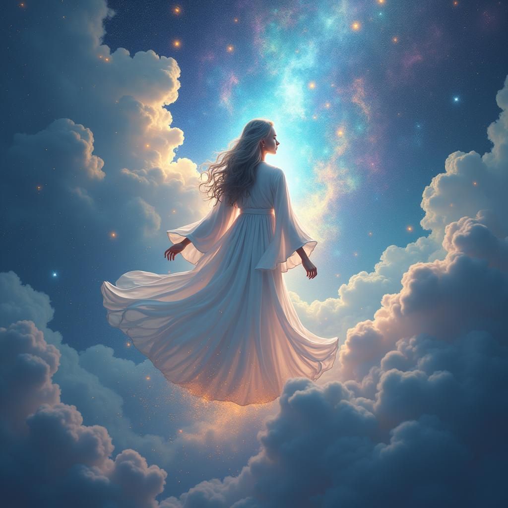 Cosmic Dreamscape: Mystical Woman in Flowing Robes