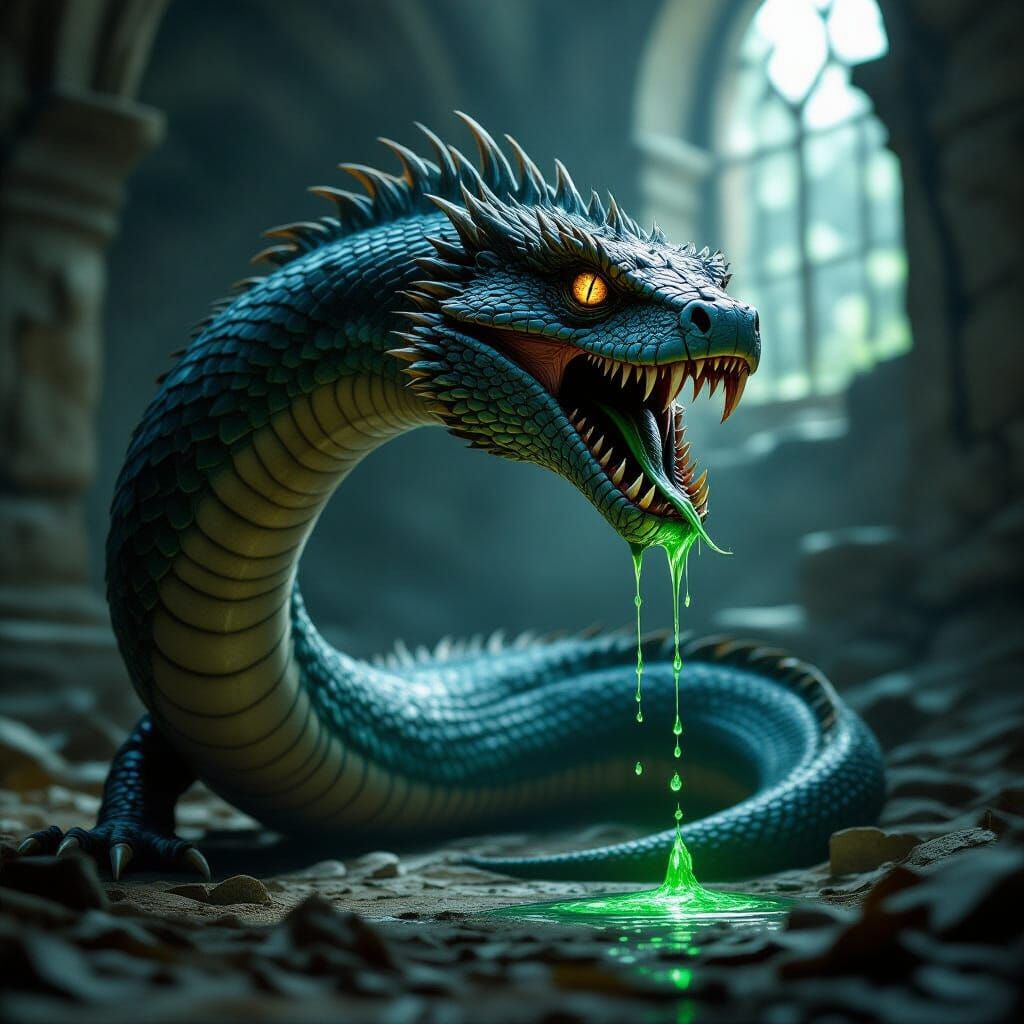 Hyperrealistic Basilisk in Ancient Ruins