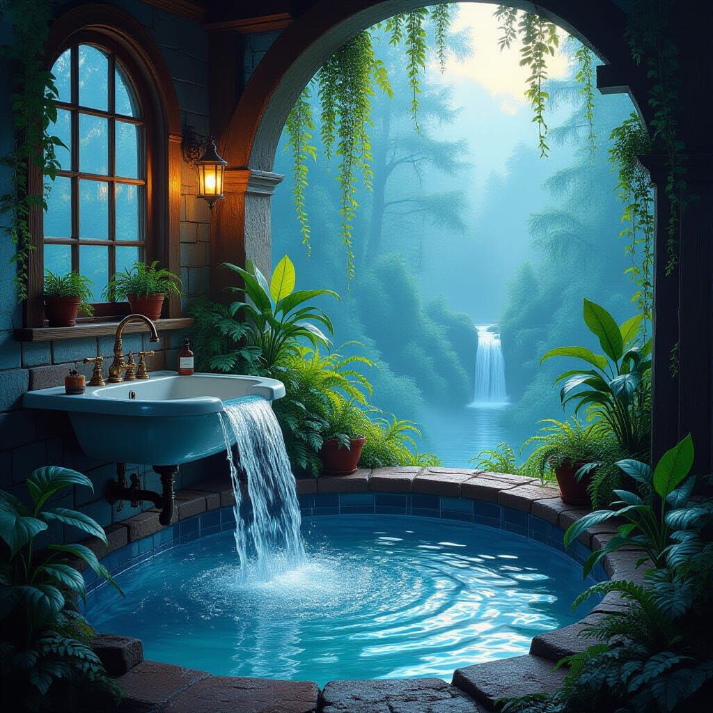 Waterfall from Sink Waters Houseplant Forest, Ethereal Digit...