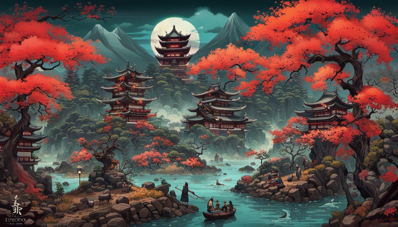 Japanese Dark Fantasy Bushido Concept Art Landscape