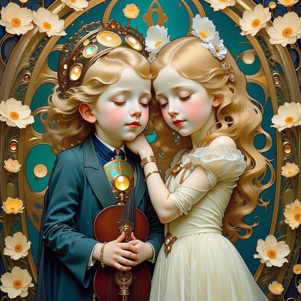 Art Nouveau Cyborgs Embrace: Expressive Digital Art