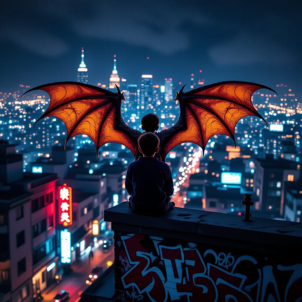Dragon-Winged Boy on Rooftop Overlooking Neon Cityscape