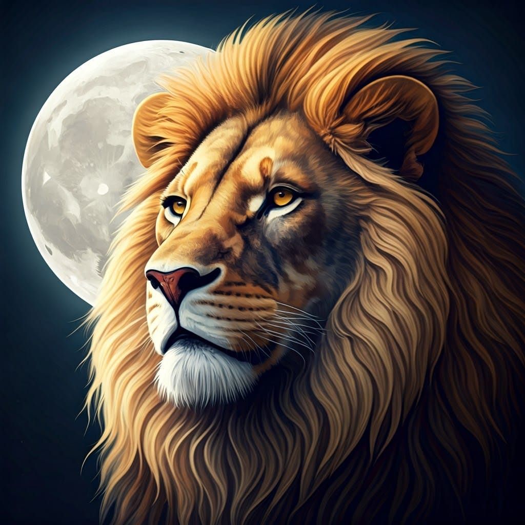 Majestic Lion Illuminated by Golden Light Under Full Moon