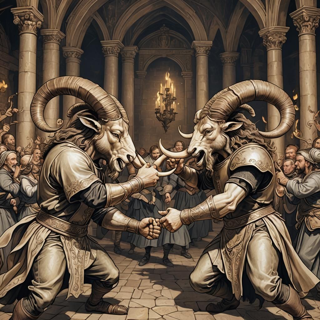 Humanoid Rams Waltzing in Candlelit Ballroom
