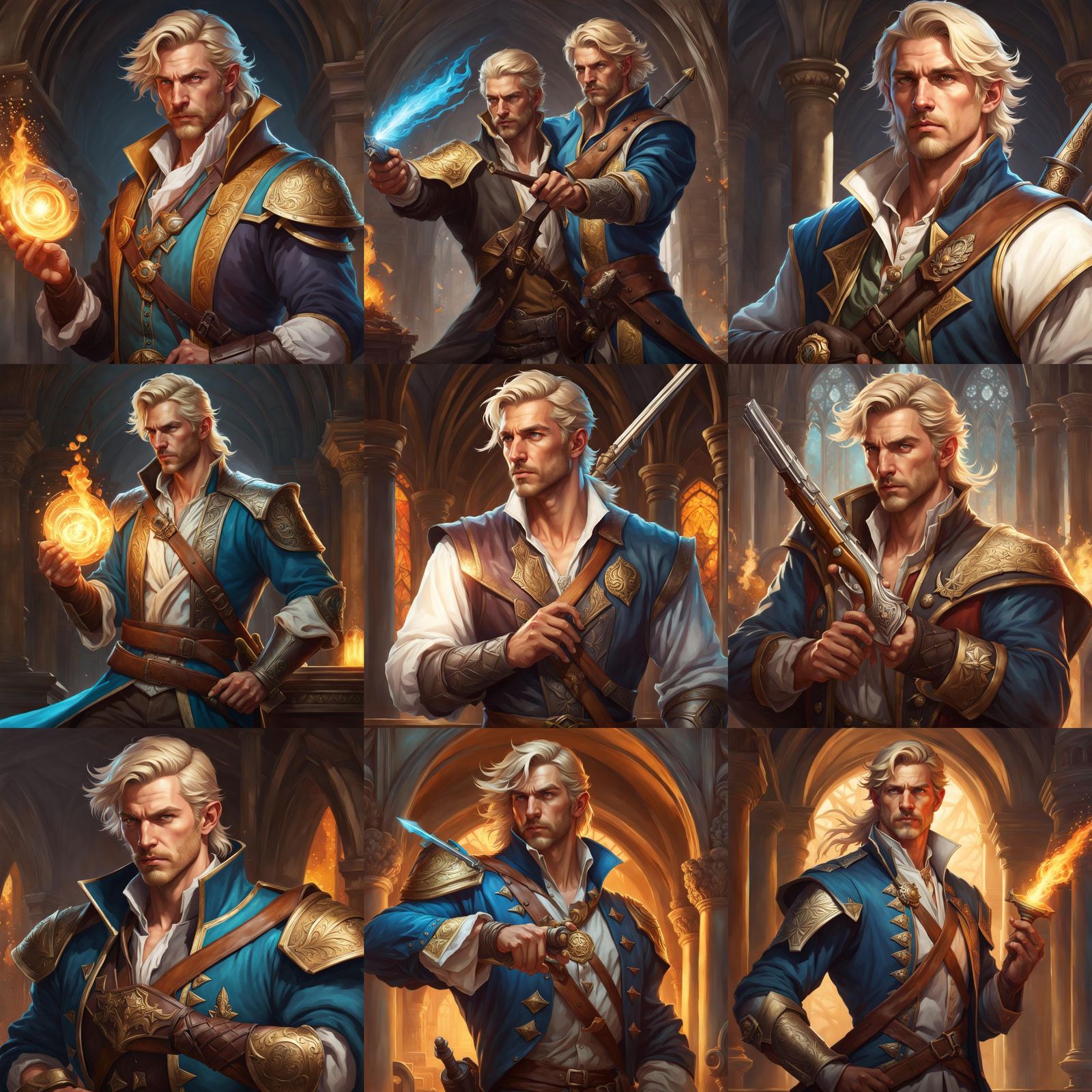 Male, blond, Half-Elf artificer, holding a magic flintlock, Renaissance painting upper body portrait, 8k resolution conc...