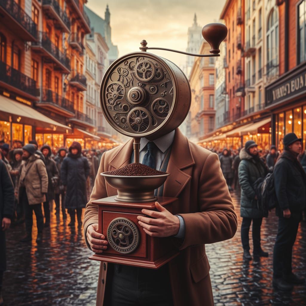 Surreal City Figure with Coffee Grinder Face in Golden Hues