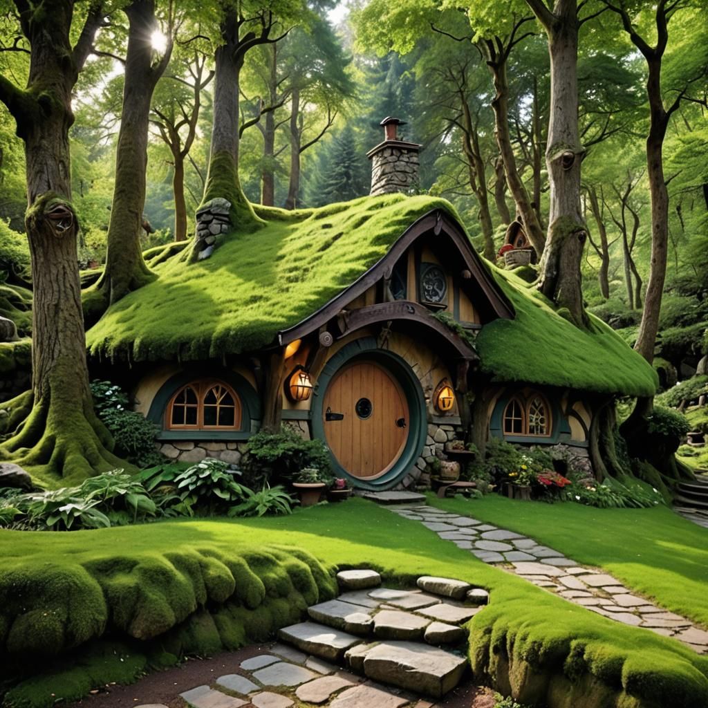 Enchanted Hobbit House in Magical Forest, Fantasy Art