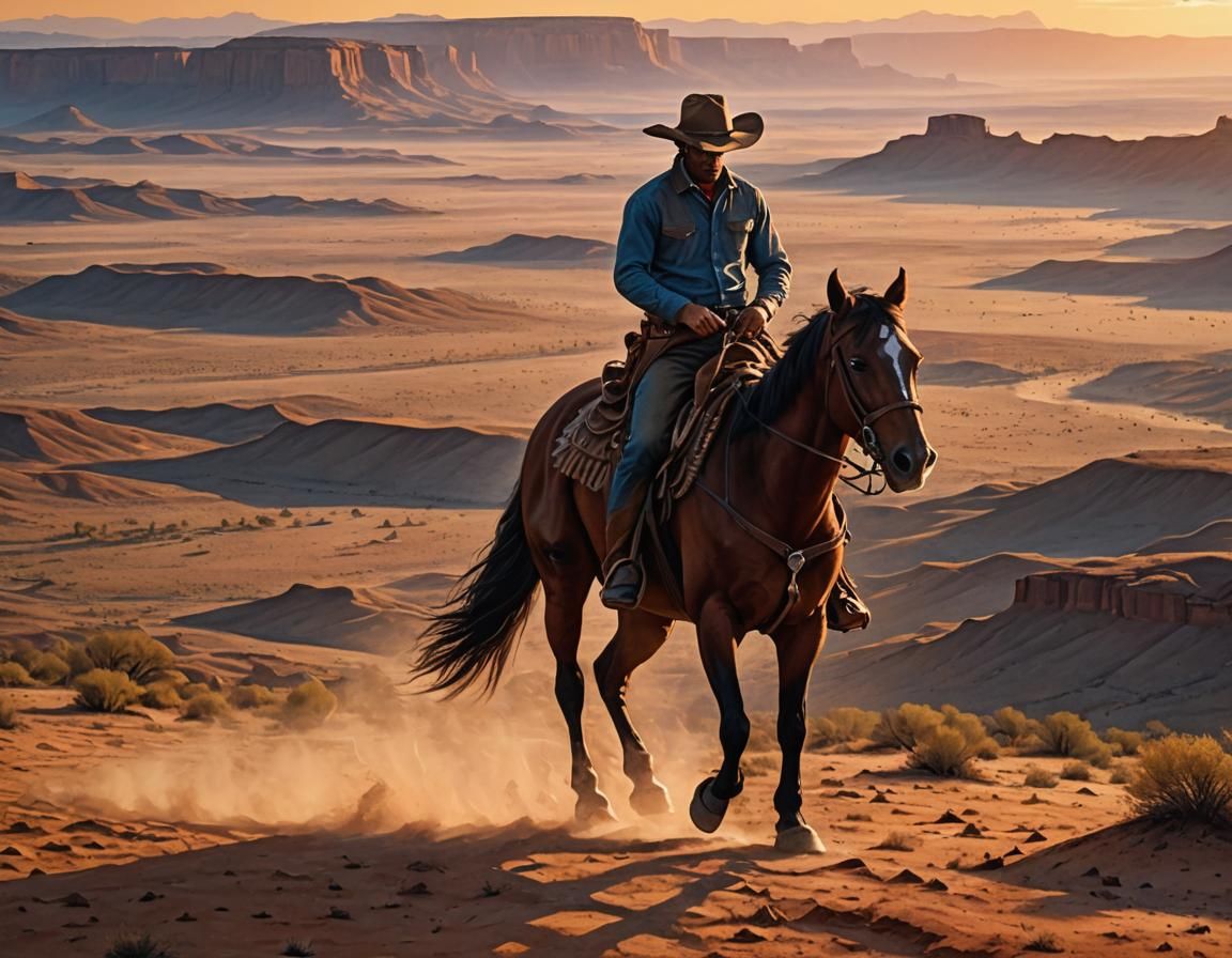 Cowboy Rides Across Barren Plain at Sunset