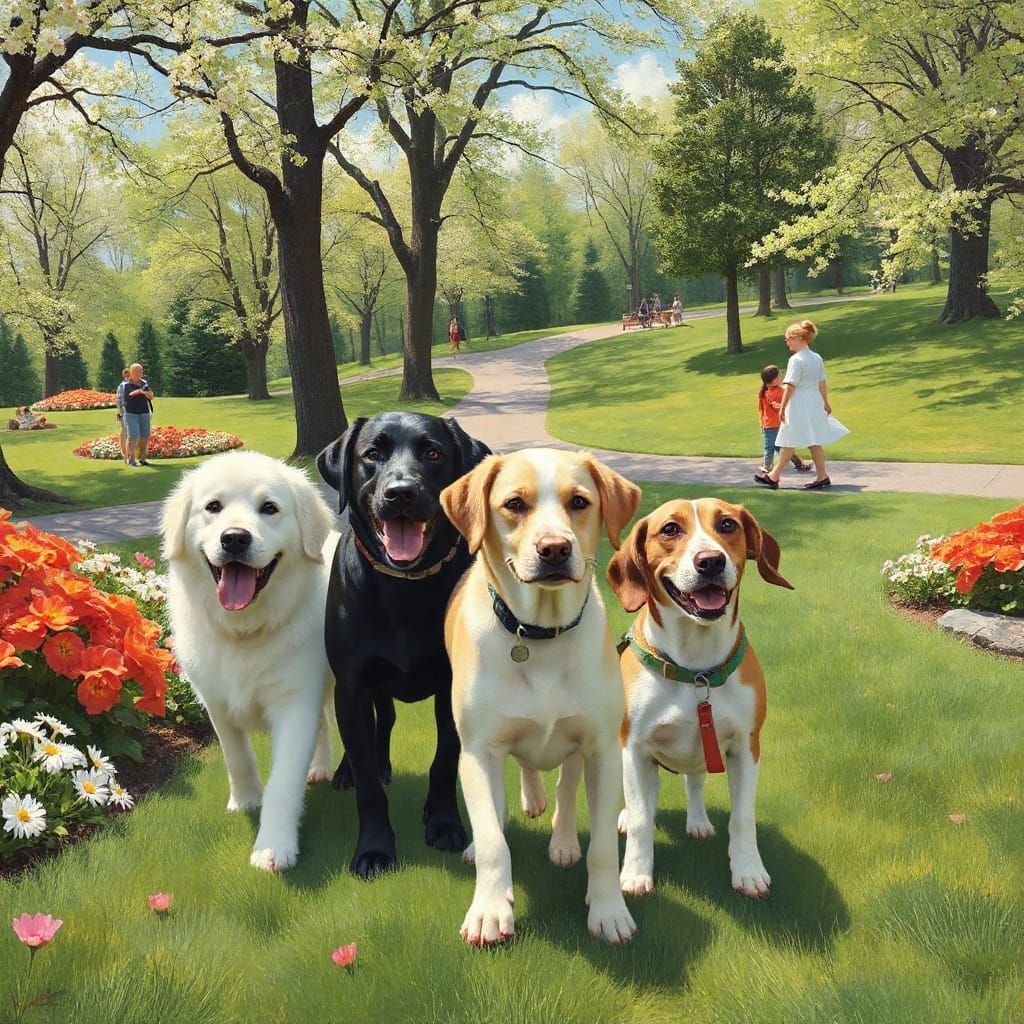 Dogs walking in a public park