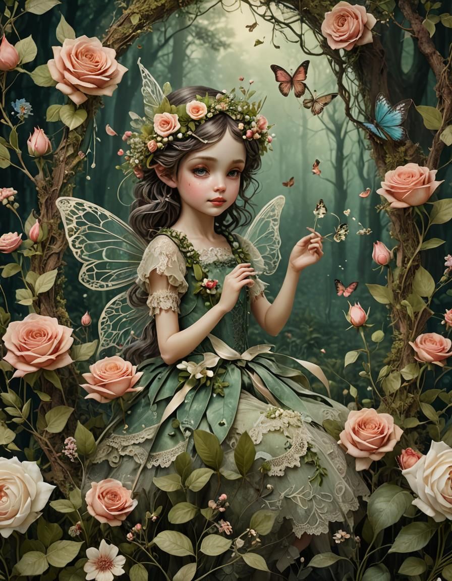 Vintage Forest Fairy with Flowers and Lace