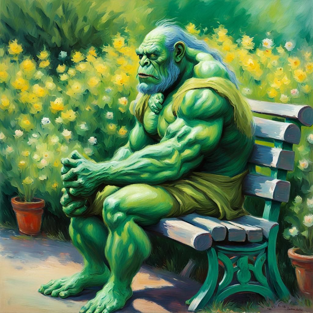 Orc on Garden Bench in Impressionistic Style