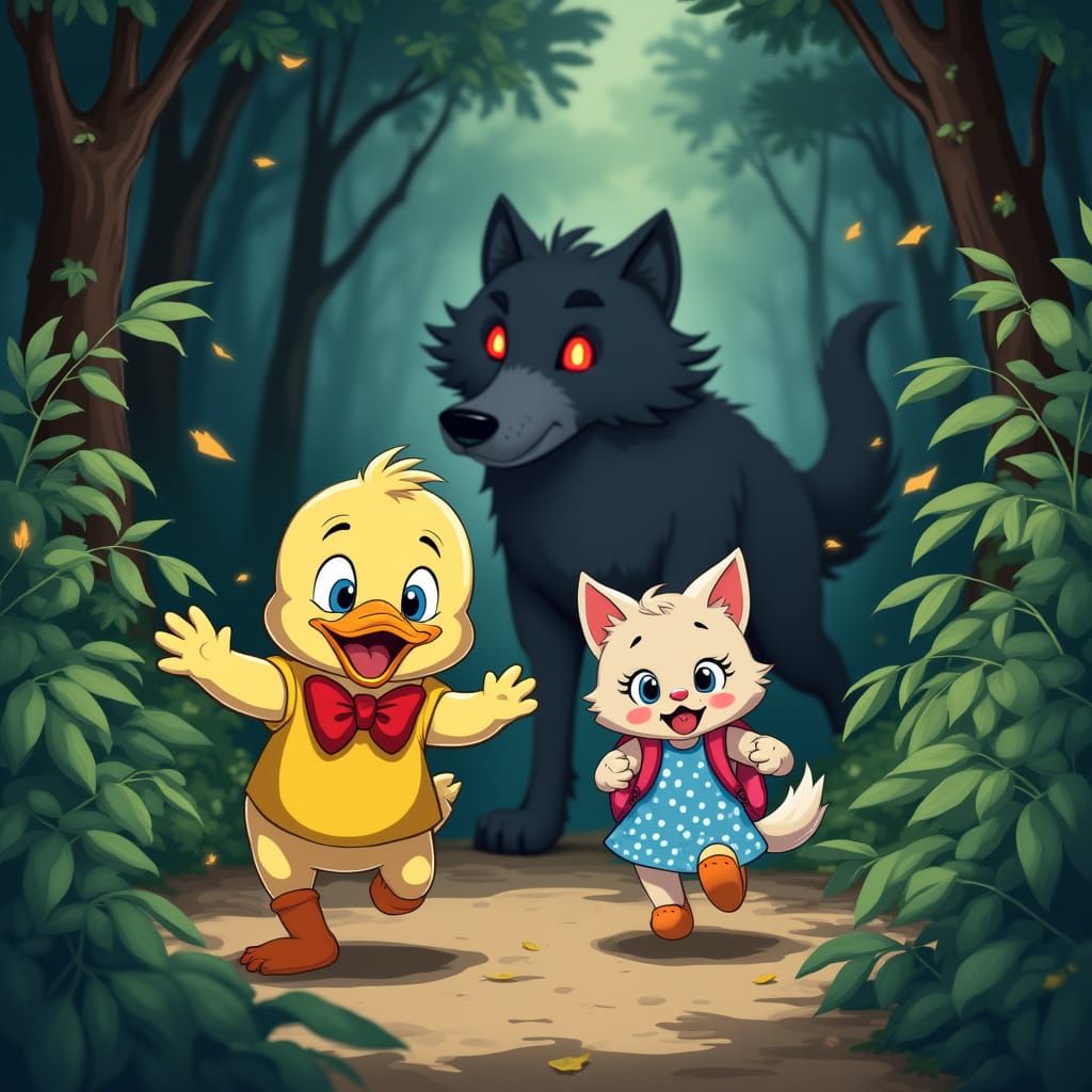 Frightened Duck and Cat Run From Wolf in Cartoon Style