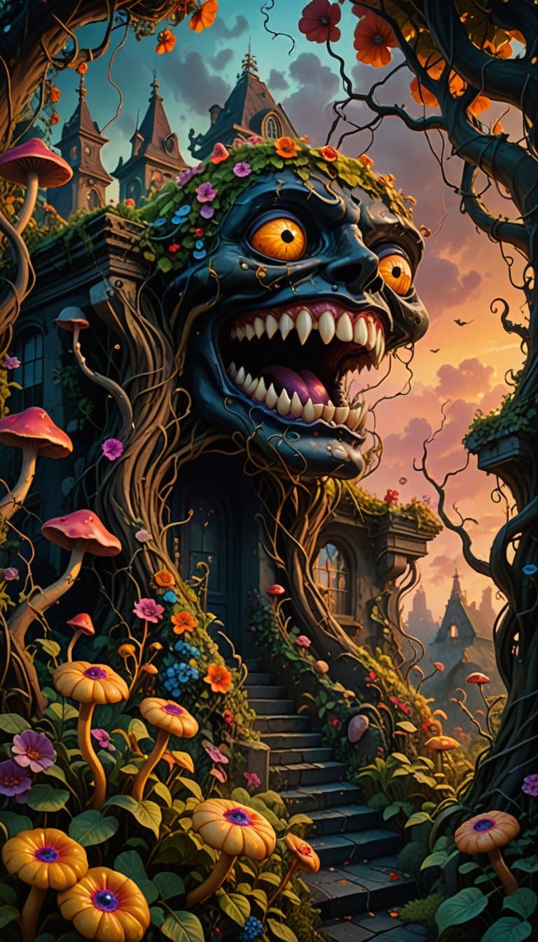 Surreal Garden with Flowers, Vibrant Oil Painting