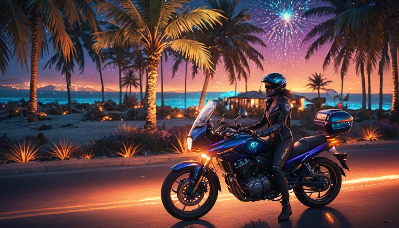 Biker Girl on Beach in Fantasy Illustration Style