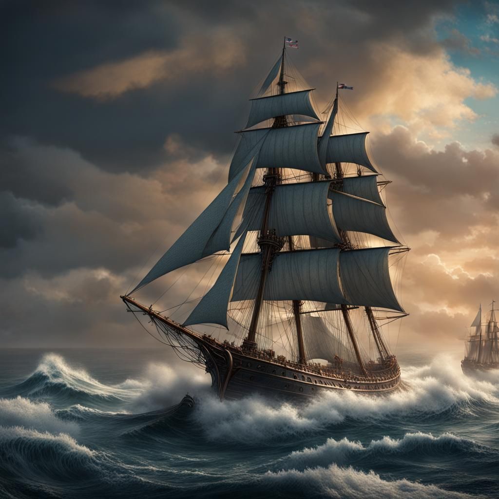 Schooner in Heavy Seas: Detailed Matte Painting