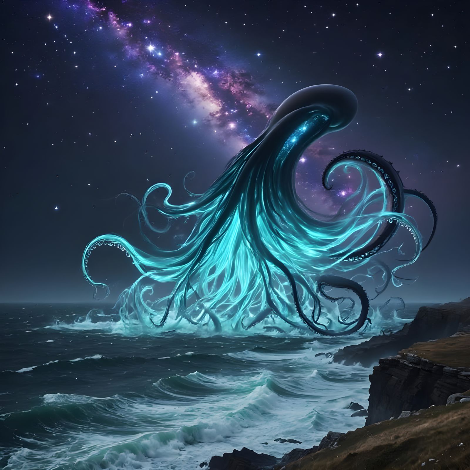 Cosmic Kraken Emerges From Bioluminescent Ink Ocean