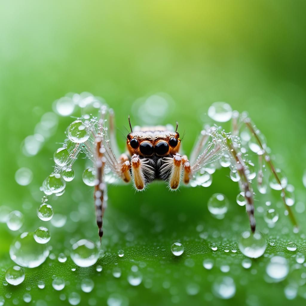 Macro Shot of Dew-Covered Spider in Morning Light