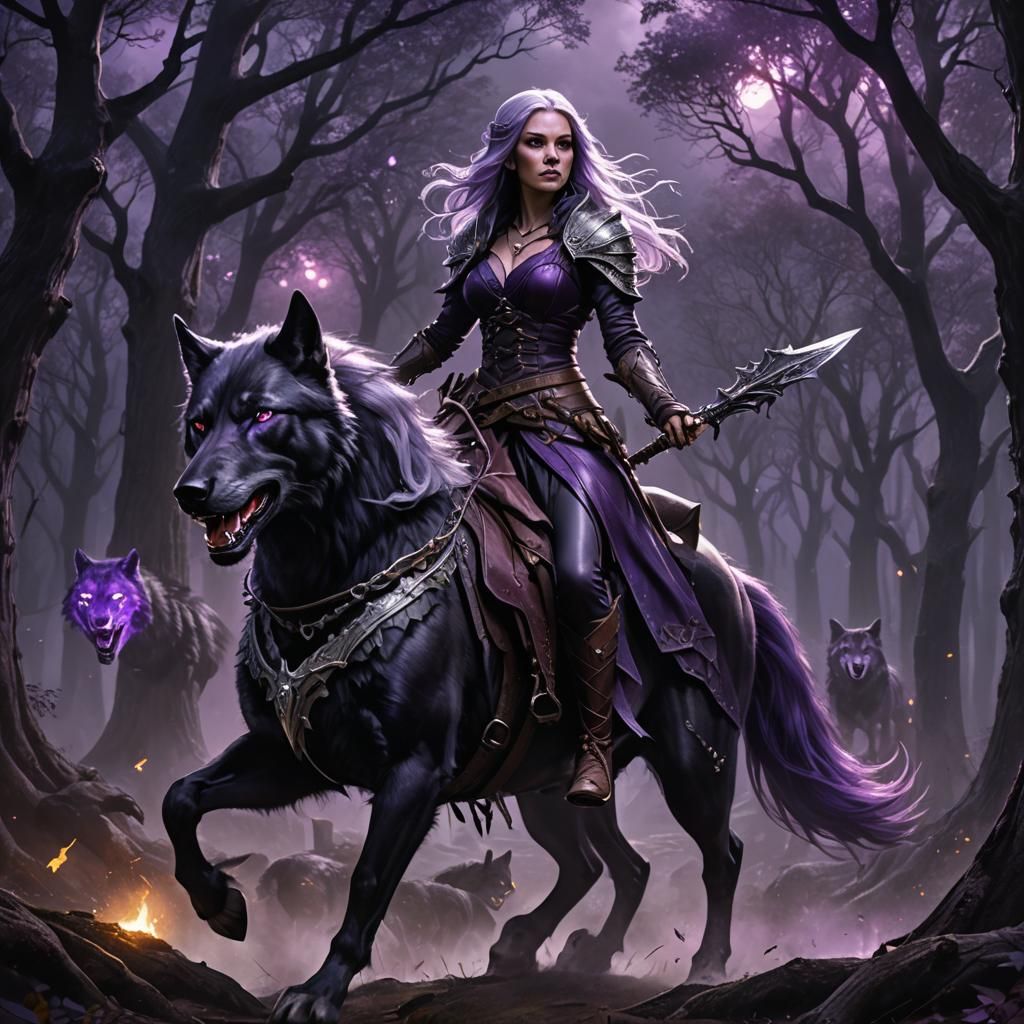 Medieval Huntress Riding Dire Wolf: Digital Art