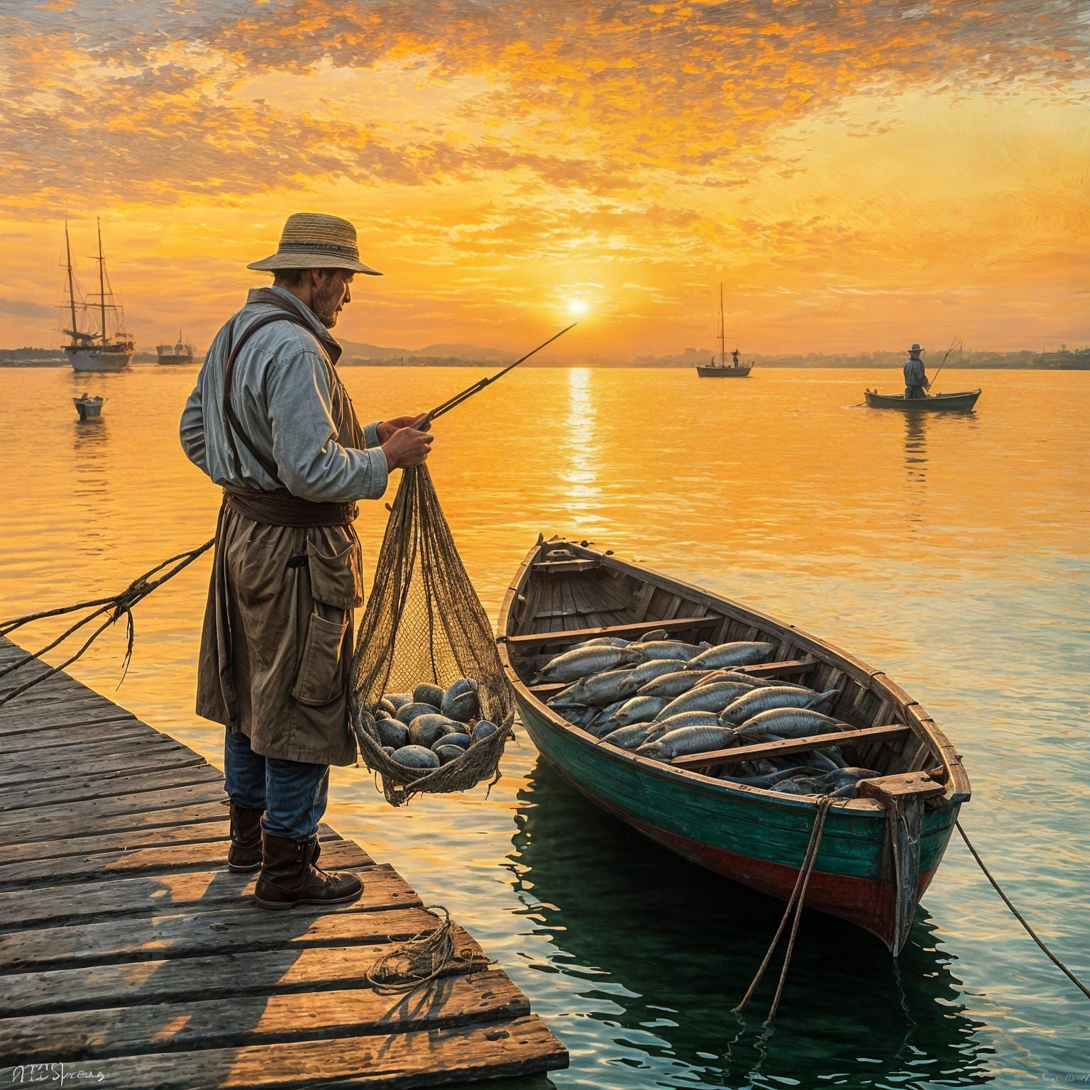 Fisherman's Sunrise Catch: Impressionist Oil Painting