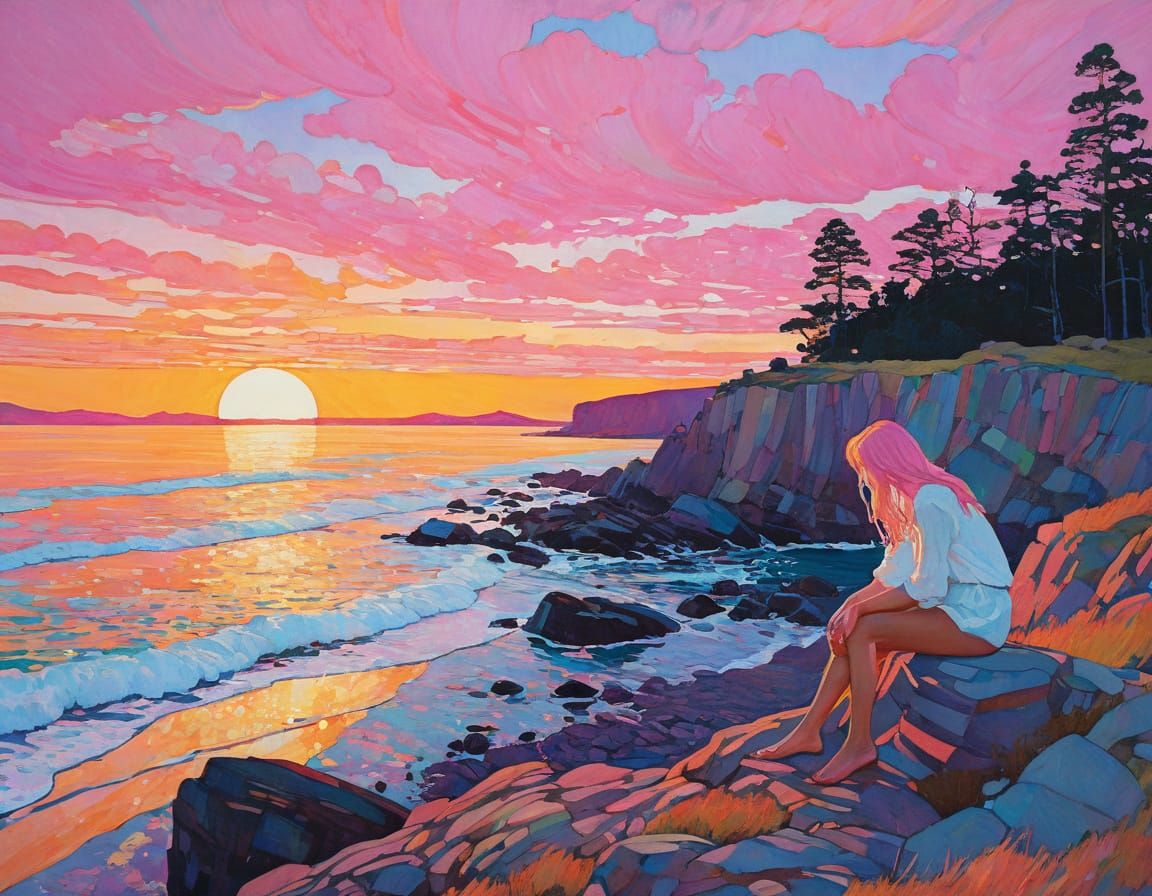 Pink Sunset Art Nouveau Style