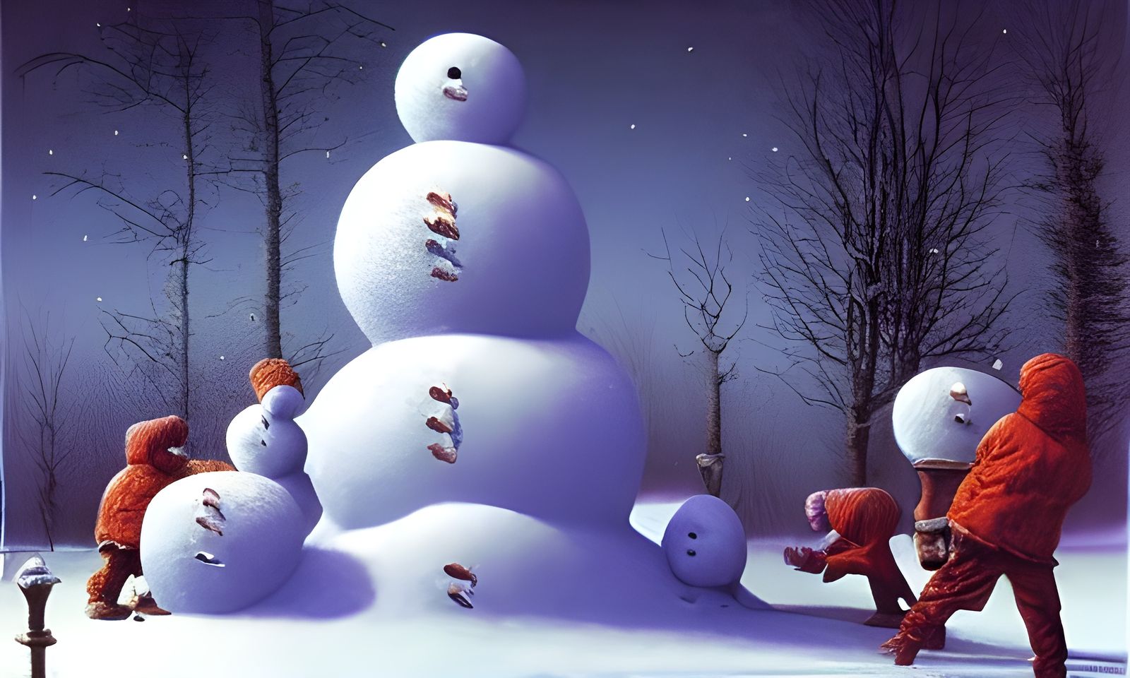 Friends Build a Snowman in Winter Landscape