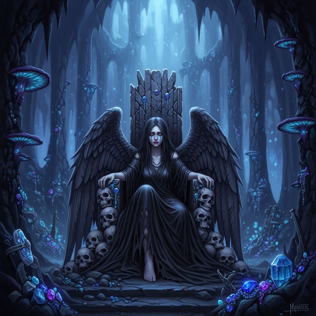 Sorrowful Dark Angel on Skull Throne in Cavern