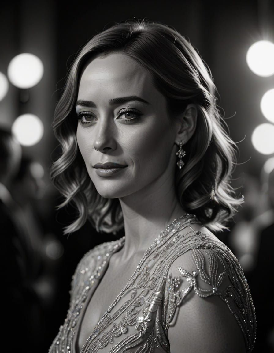 Elegant Black and White Portrait of Emily Blunt in Old Holly...