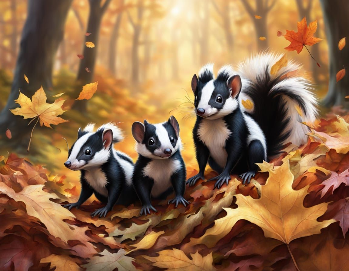 Baby Skunks Play in Vibrant Autumn Forest