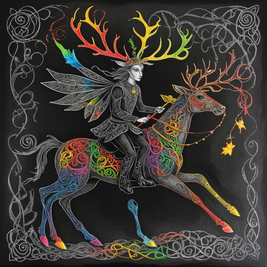 Gothic Fairy Rides Reindeer in Surreal Crayon Drawing