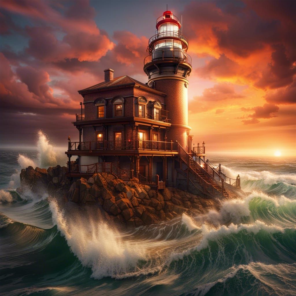 Photorealistic Steampunk Lighthouse at Colorful Sunset