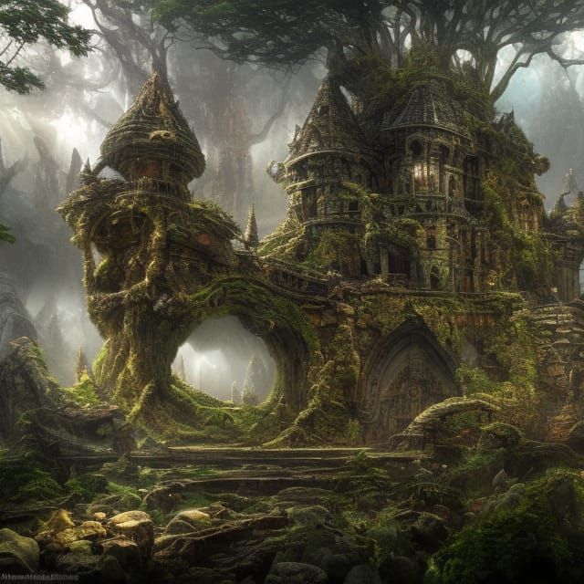 Mystical Forest Stone Monster Pyramid: Sci-Fi Fantasy Art