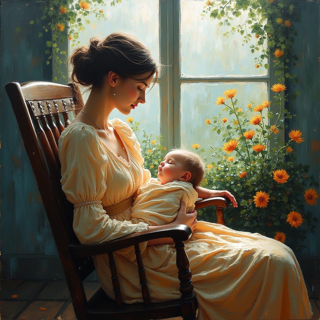 Nostalgic Mother and Baby: An Expressionist Oil Painting