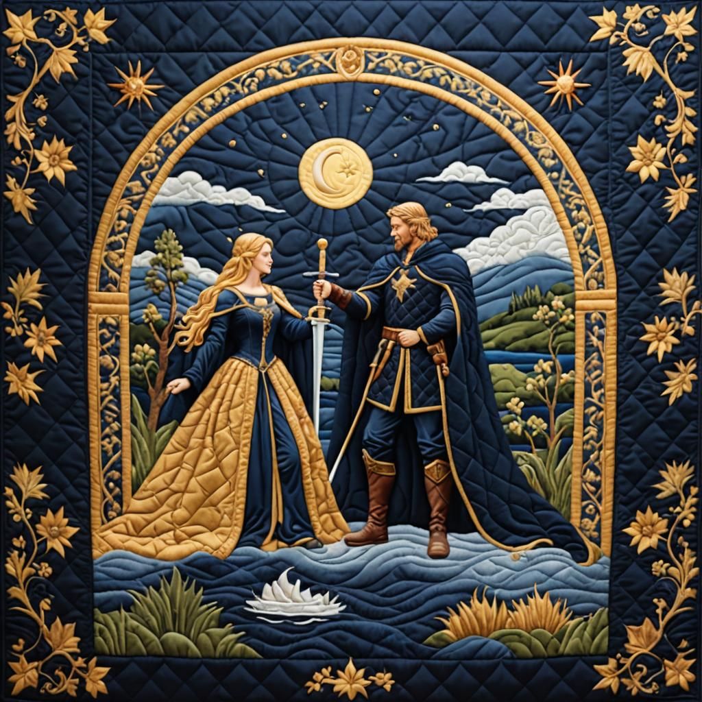 King Arthur Receives Excalibur: A Quilted Scene