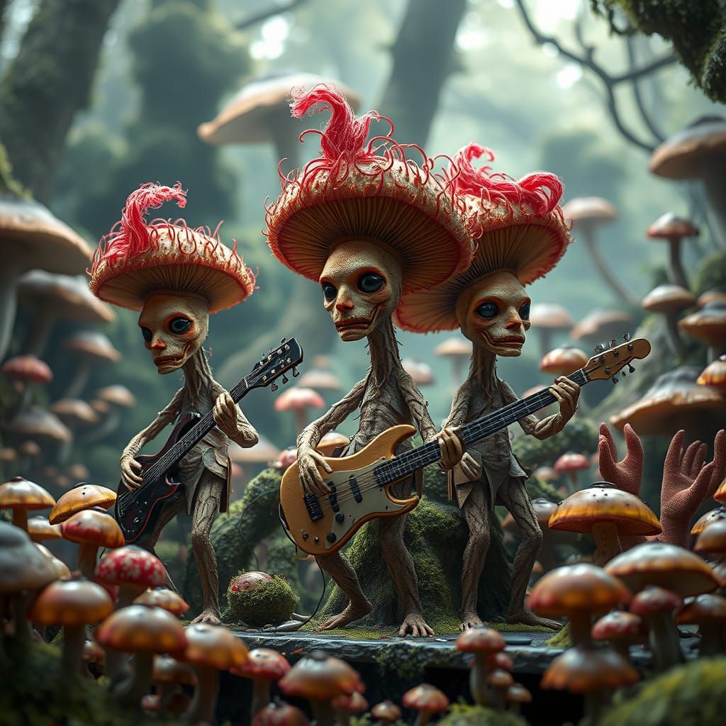Mushroom Musicians in a Lush, Hyperrealistic Forest