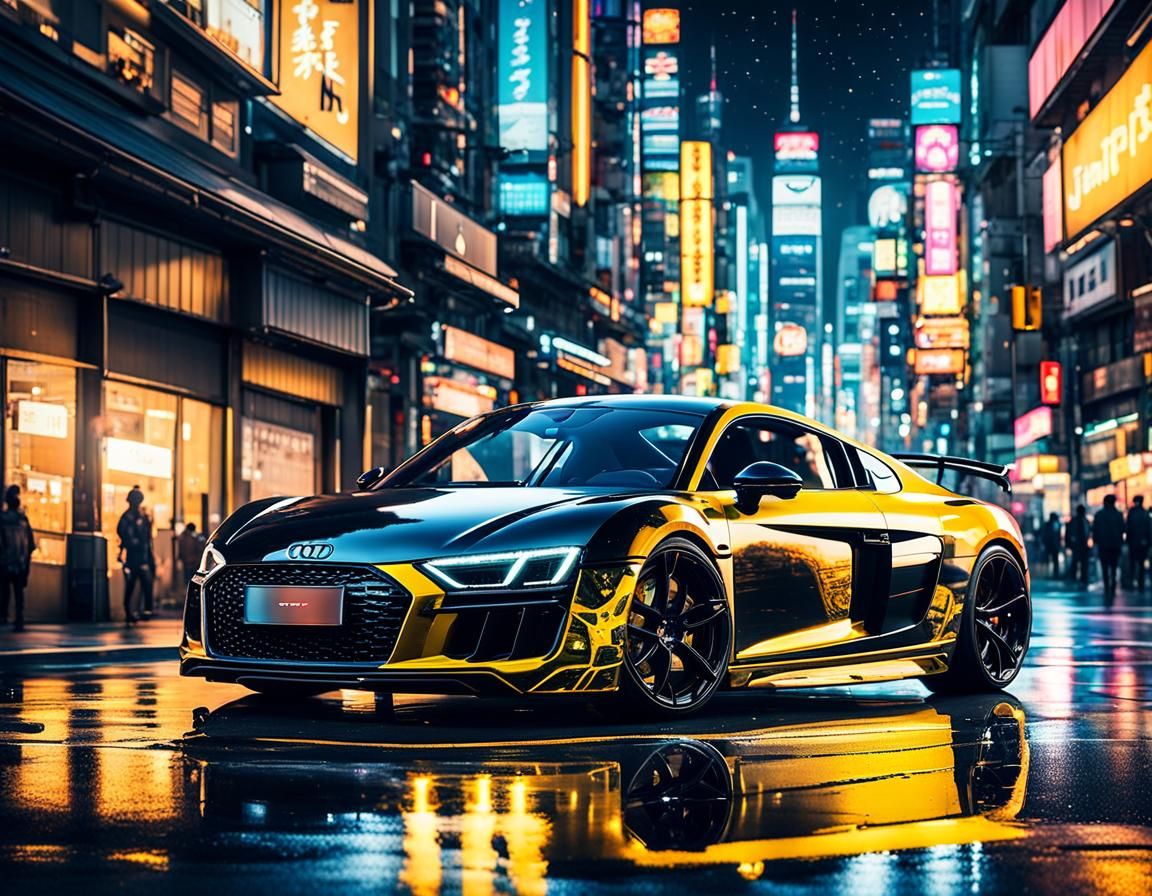 A Cyberpunk black and yellow Audi R8