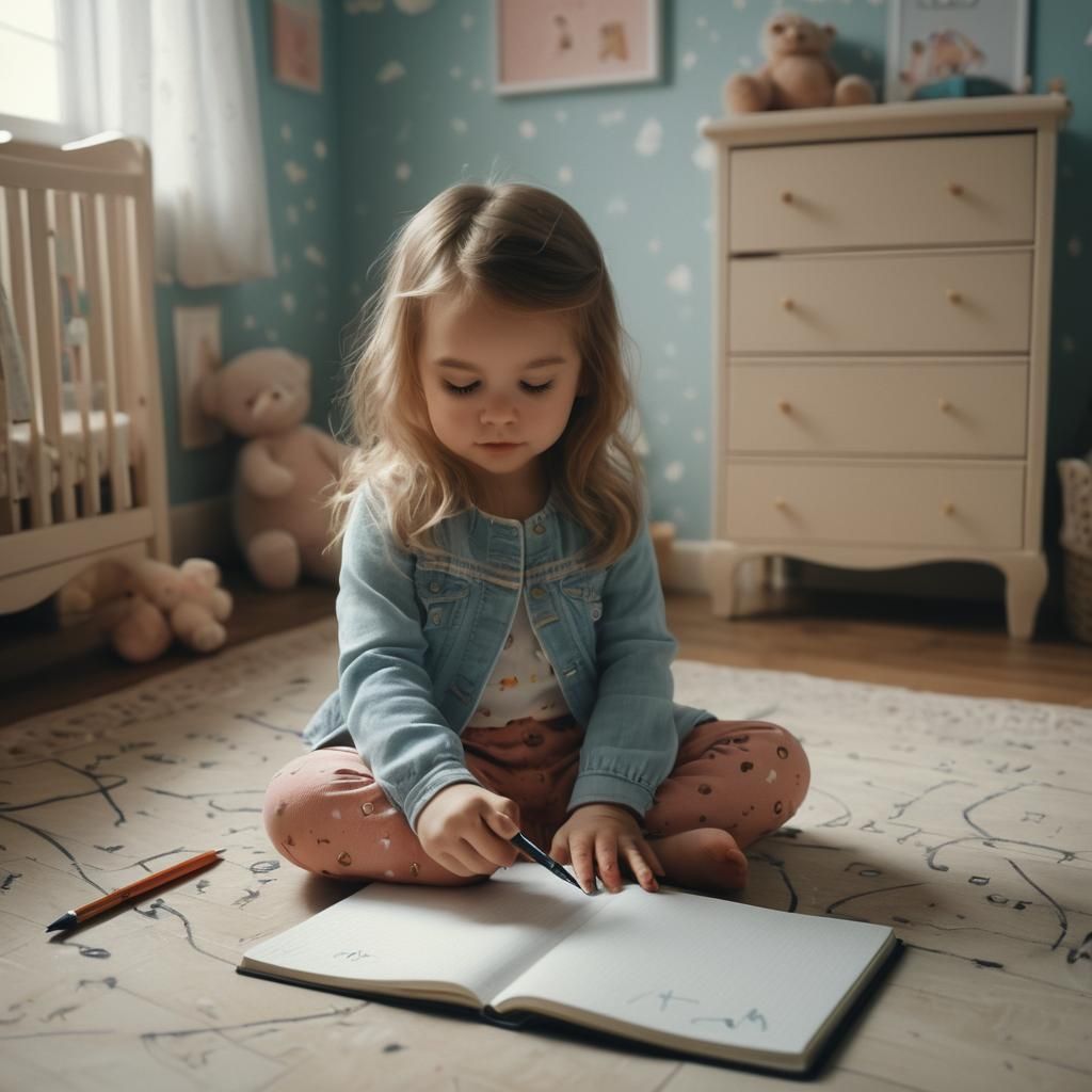 Girl Writes in Nursery: Realistic Cinematic Painting