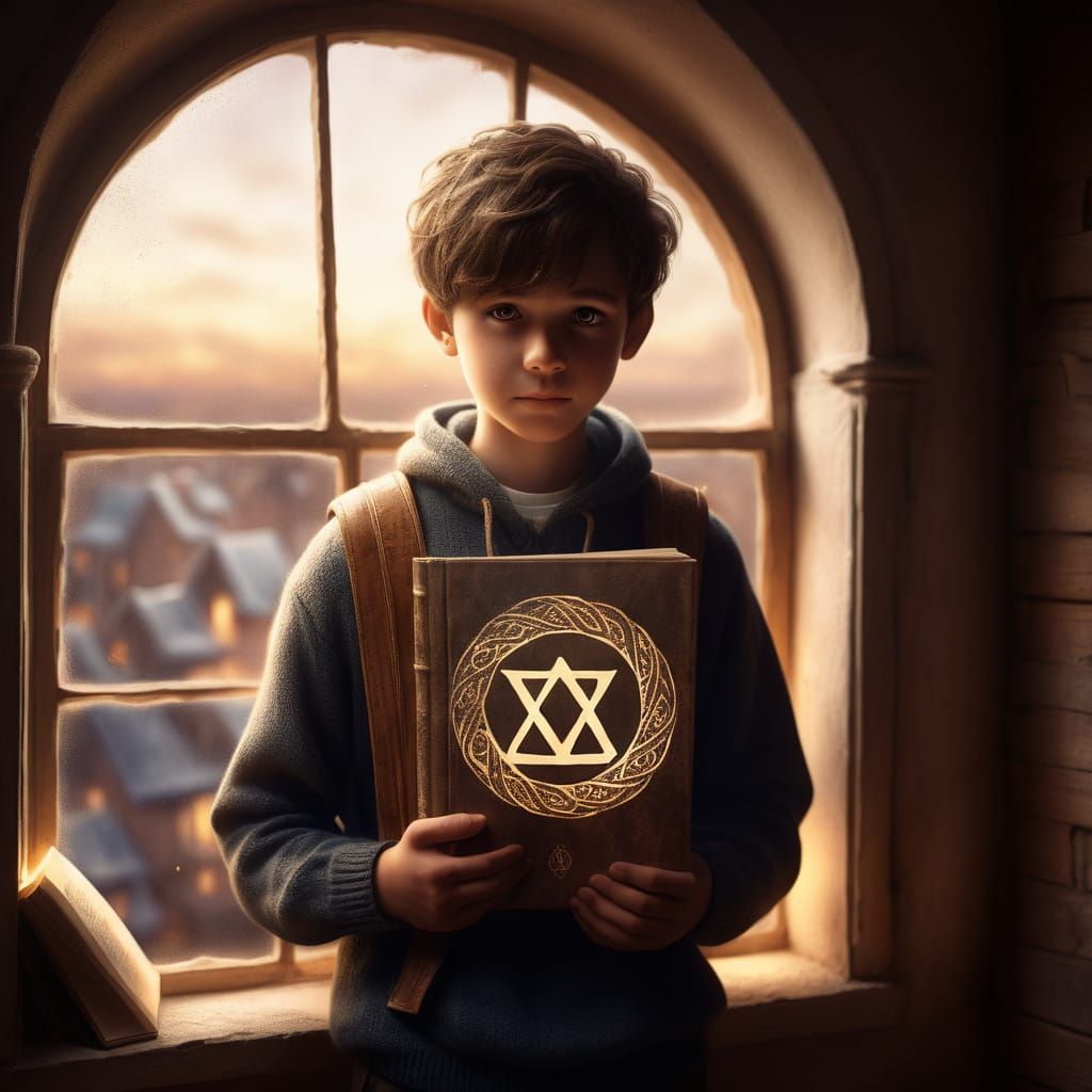 Boy with Auryn Book in Dreamy Fantasy Illustration