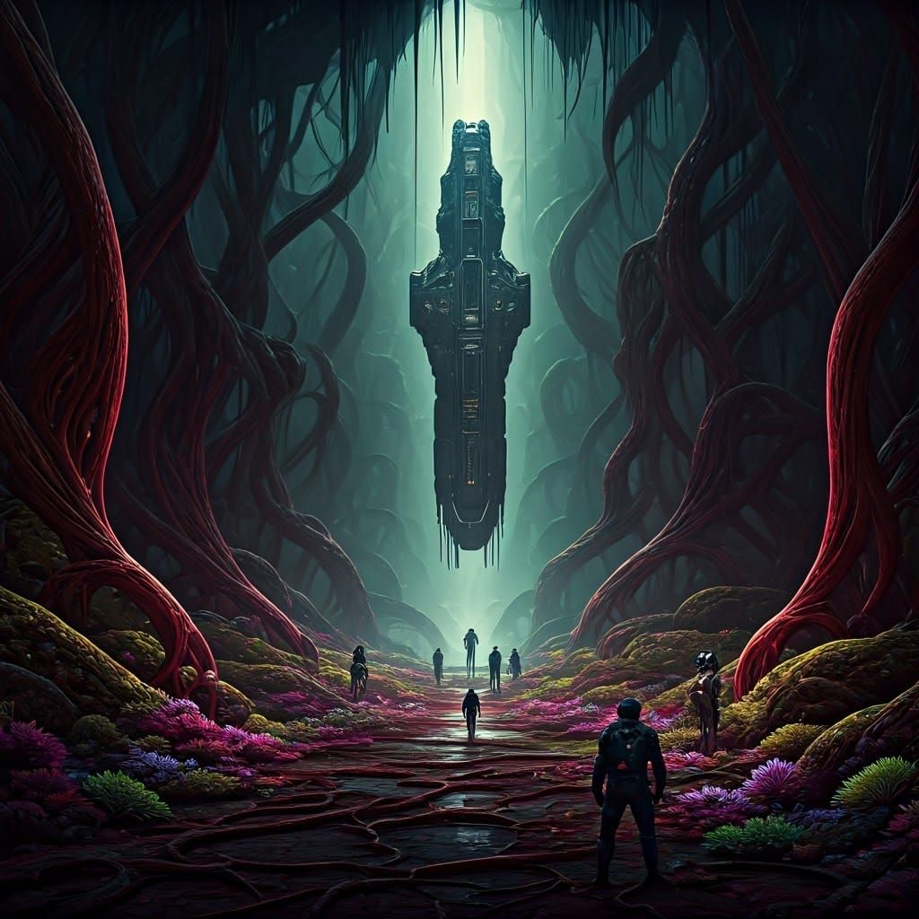 Alien Planet with Robots and Humans in Surreal Style