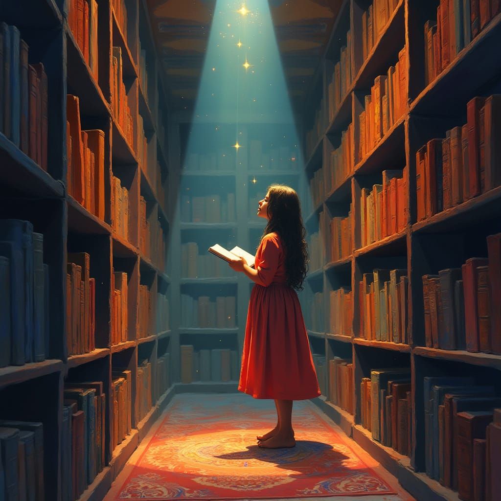 Woman in Library Contemplates Key in Concept Art Style