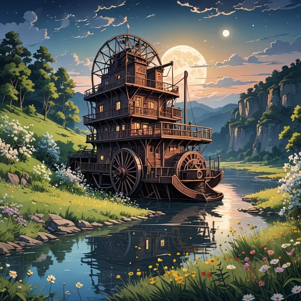 Paddle Wheel Boat on River in Anime Style